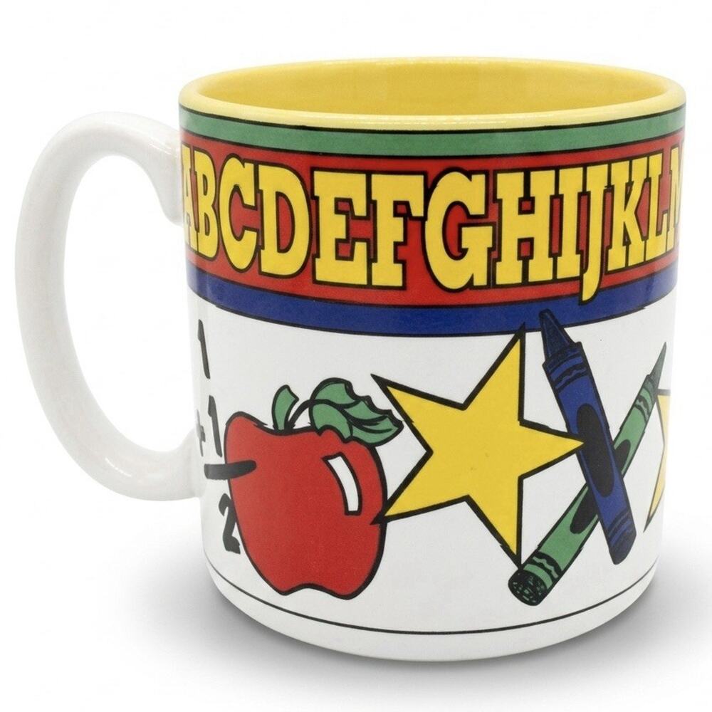 Vintage 90s Teacher Mug Alphabet Crayons Apple Star Susan Berger Yellow Cup 1993
